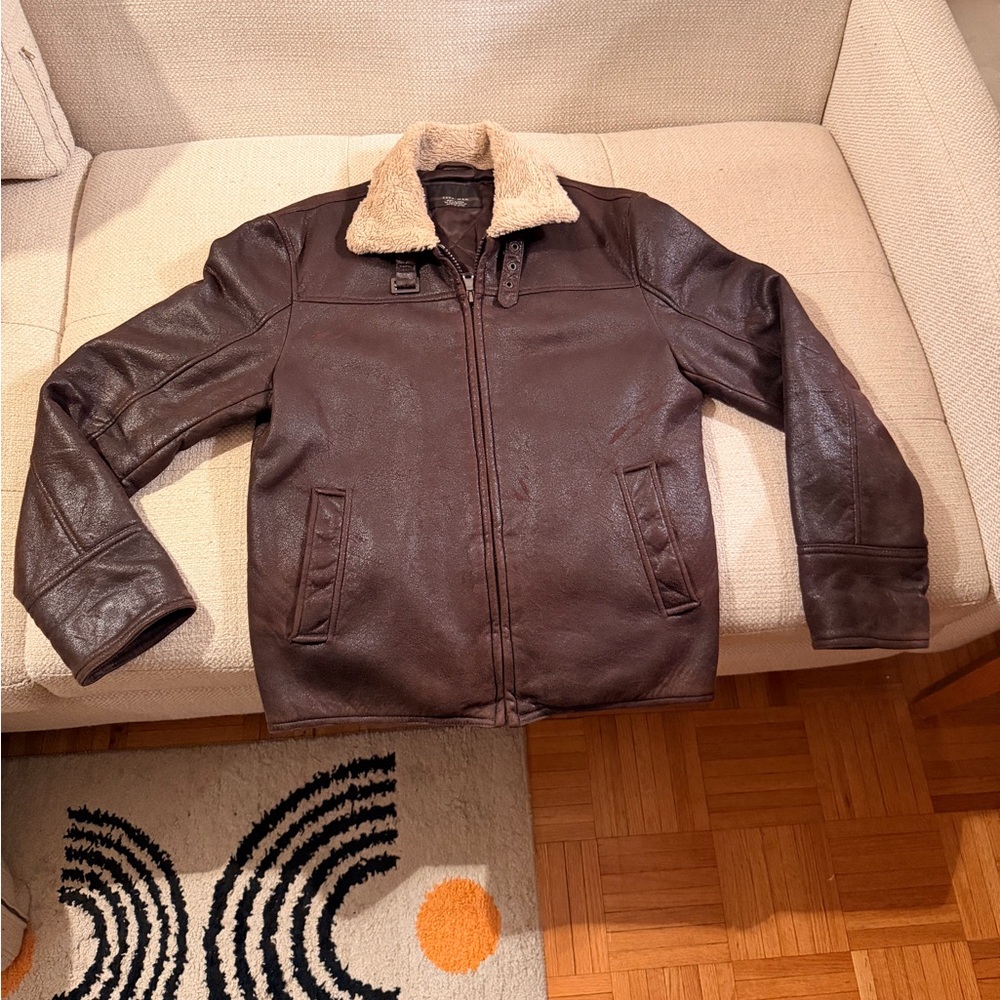 Zara Brown Leather Bomber Jacket with Shearling Collar